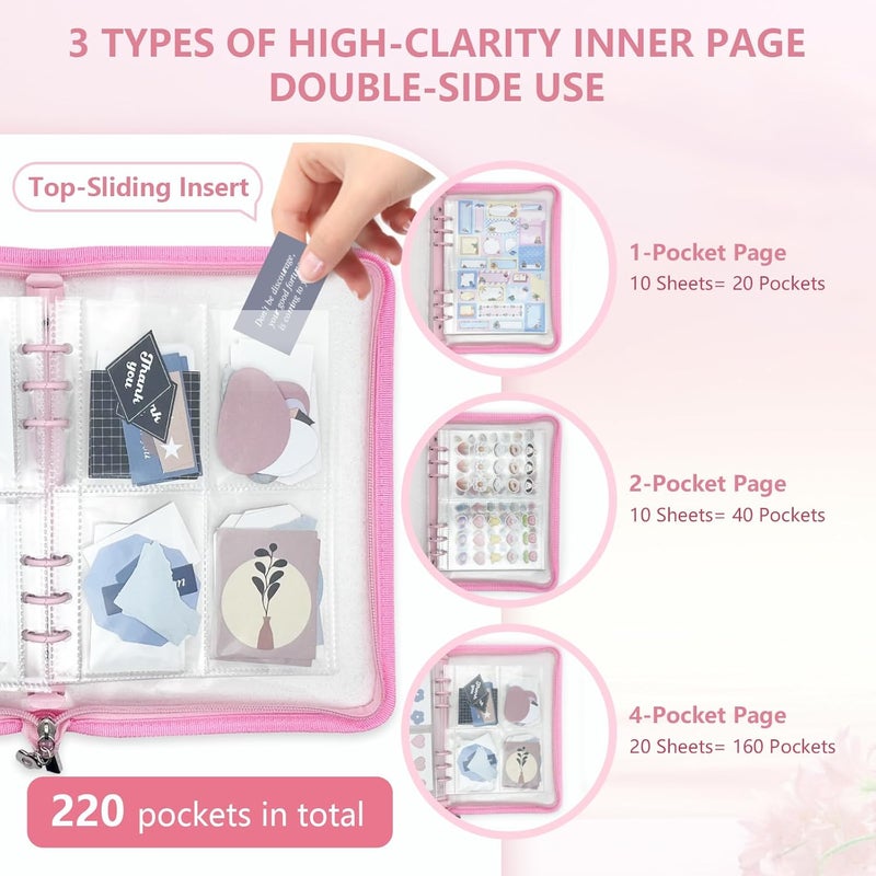 NOCAFI Sticker Organizer Binder Storage Book A5 Reusable Sticker Book Collecting Holder Display Album with 220 Pockets and Zipper Closure (Pink) - Image 3